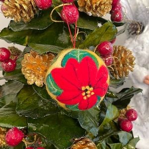 Hand crafted artisan needle felted poinsettia ornament hand made Christmas gift
